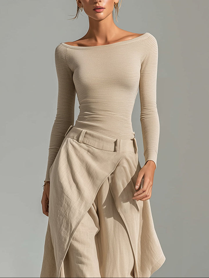 Carlotta | Completo beige con top a barca e pantaloni ampi drappeggiati