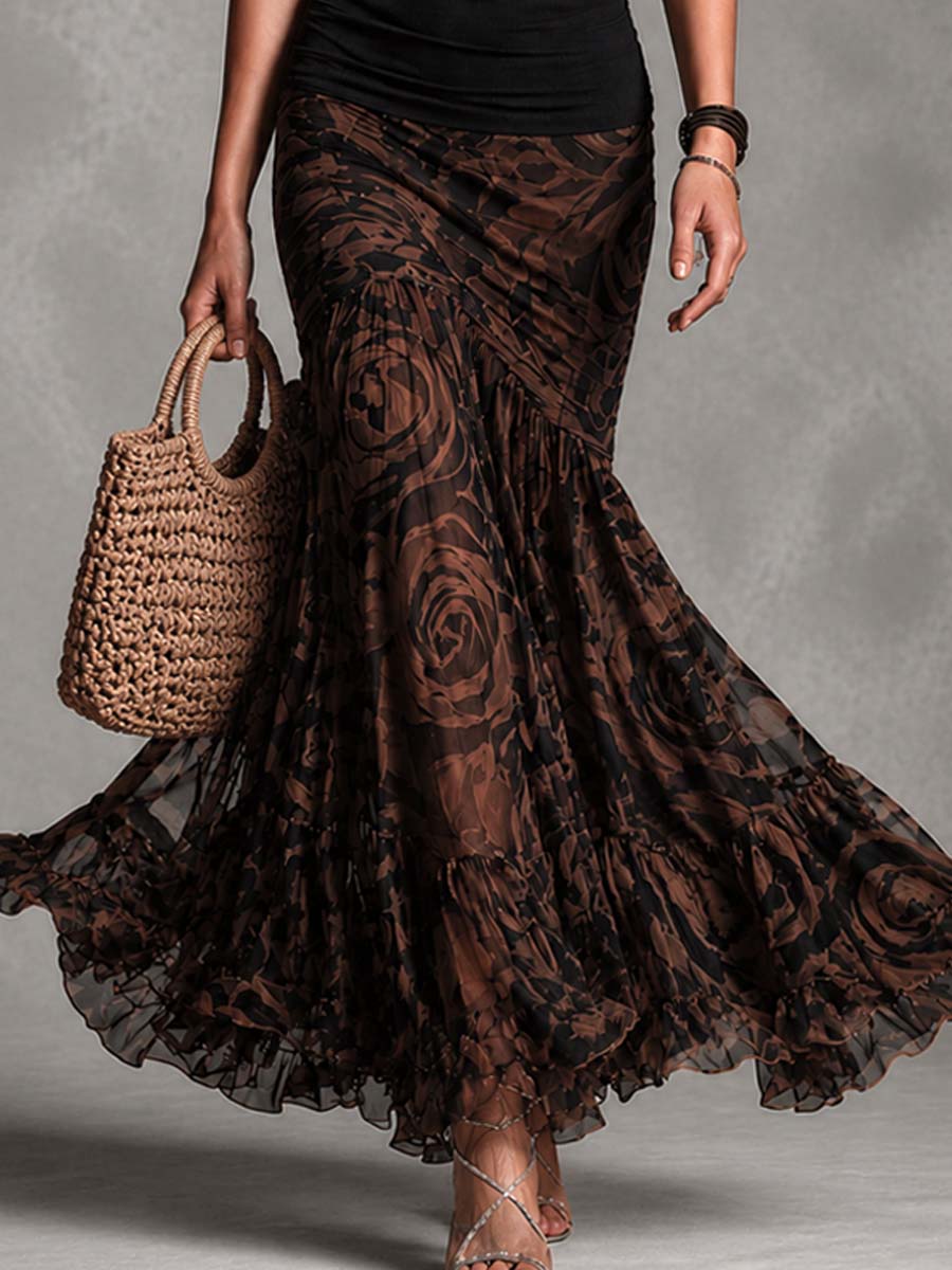 Lucilla | Completo due pezzi nero con gonna sirena in rete stampata marrone