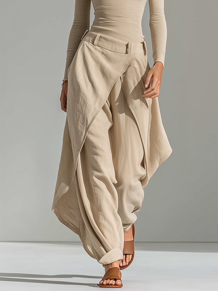 Carlotta | Completo beige con top a barca e pantaloni ampi drappeggiati