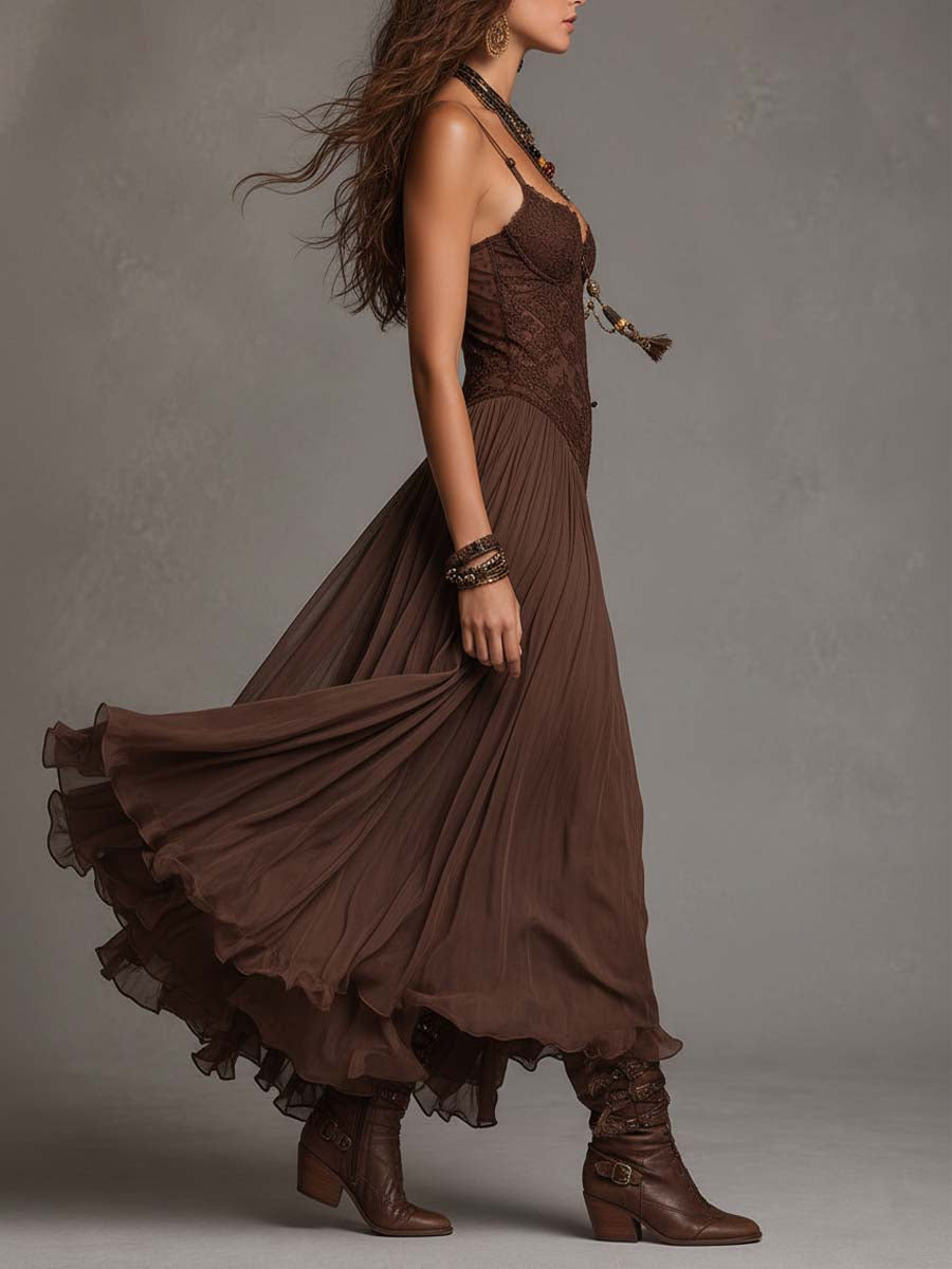 Morwenna | Abito maxi marrone scuro con corpino in pizzo e gonna vaporosa