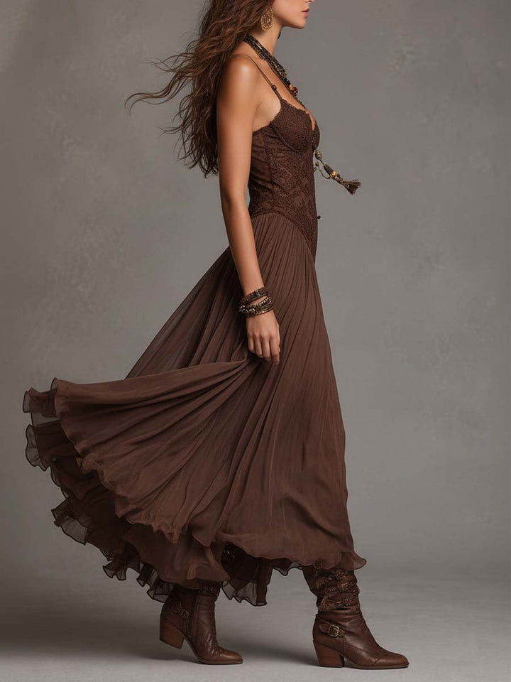 Morwenna | Abito maxi marrone scuro con corpino in pizzo e gonna vaporosa