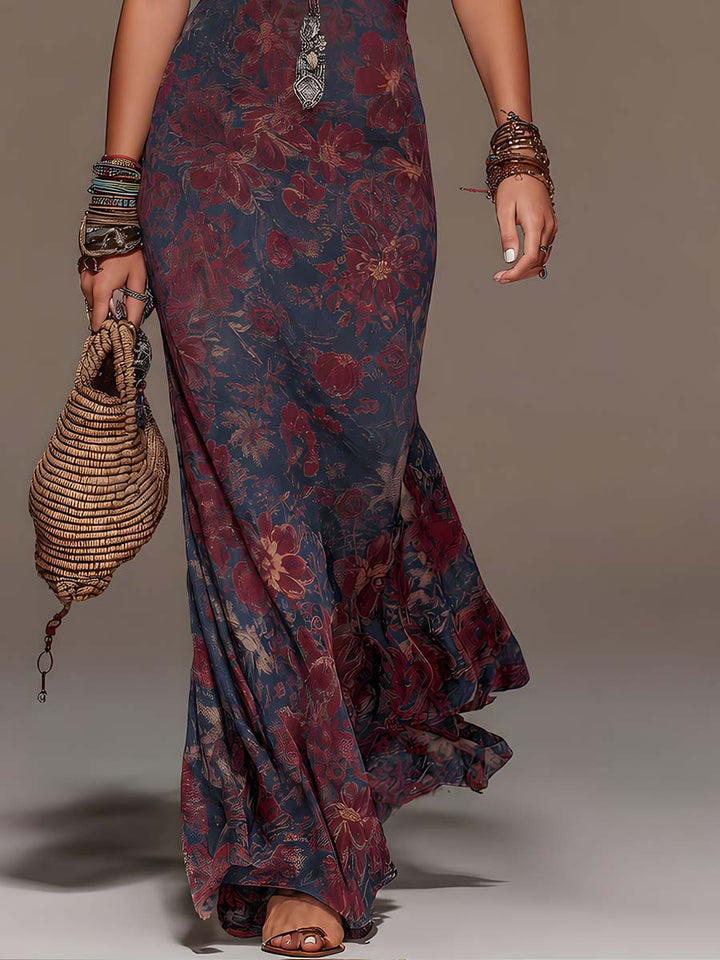 Isadora | Abito maxi a sirena con scollo halter, pizzo e stampa floreale retrò
