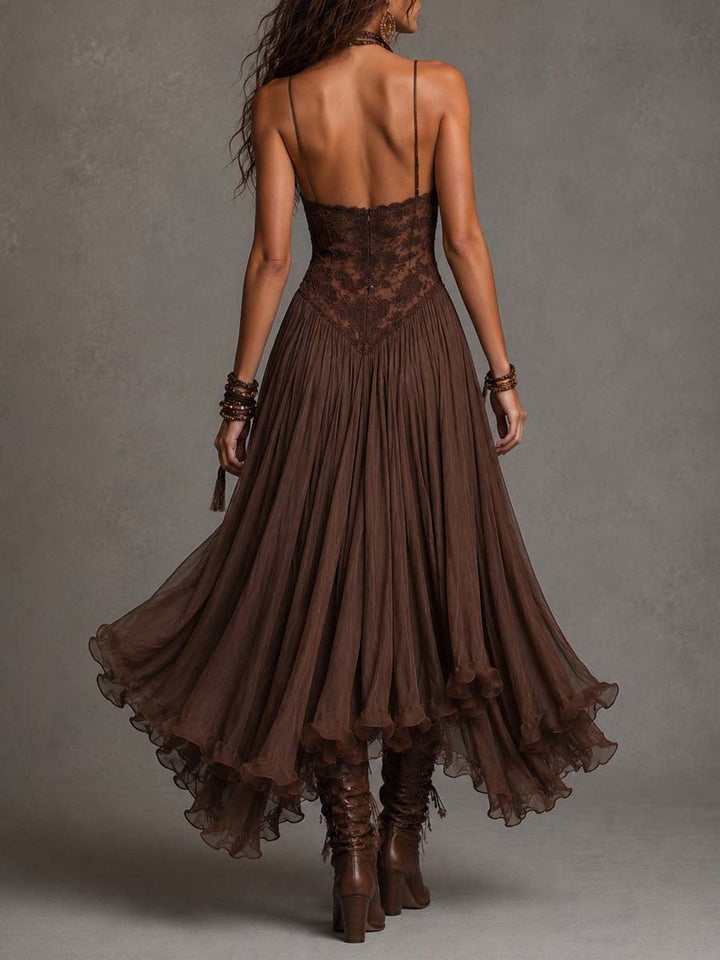 Morwenna | Abito maxi marrone scuro con corpino in pizzo e gonna vaporosa