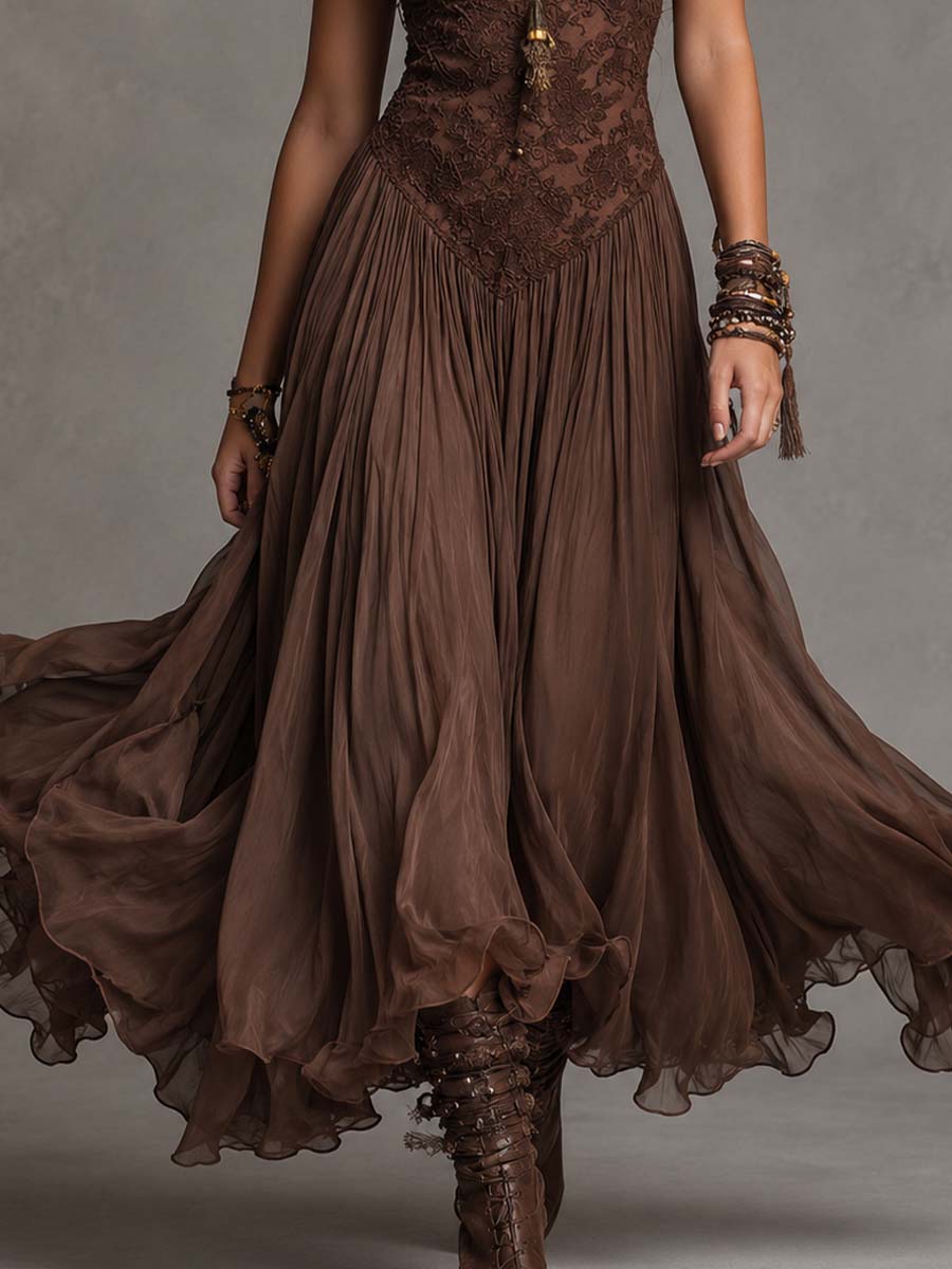 Morwenna | Abito maxi marrone scuro con corpino in pizzo e gonna vaporosa