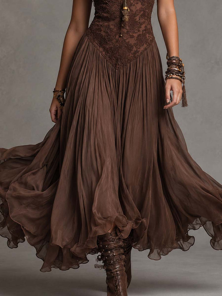 Morwenna | Abito maxi marrone scuro con corpino in pizzo e gonna vaporosa