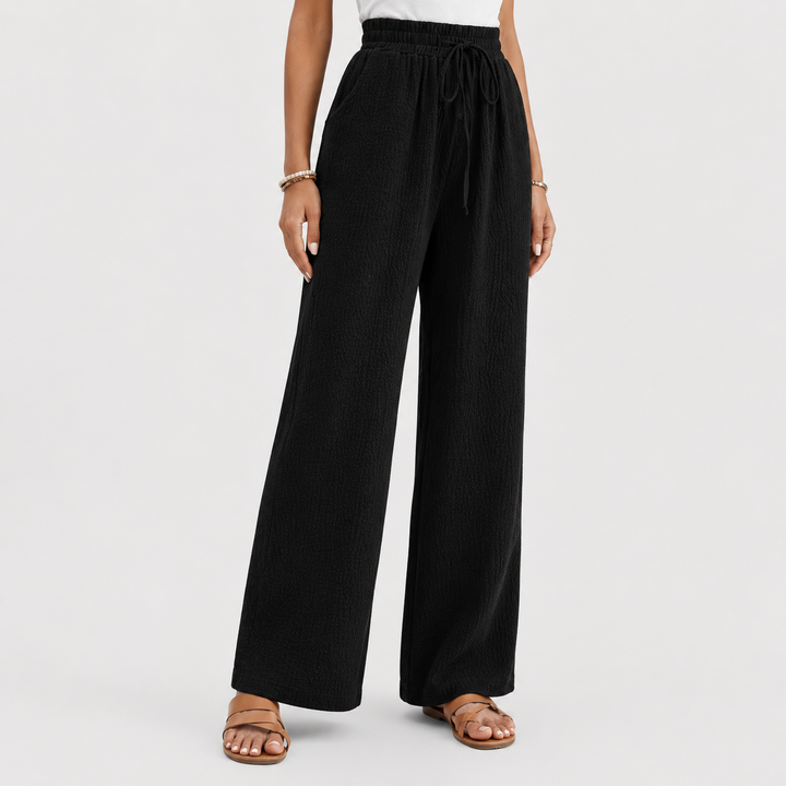 Zeva - Pantaloni a gamba larga neri con vita elastica e coulisse