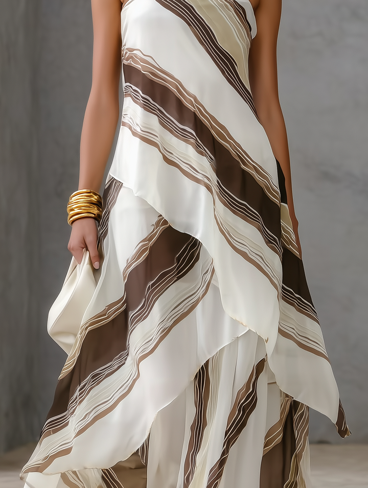 Celeste | Maxi abito a righe bianco e marrone con scollo dritto