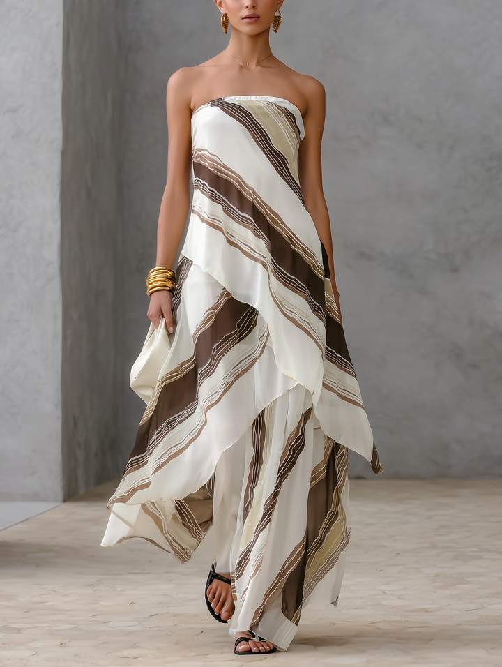 Celeste | Maxi abito a righe bianco e marrone con scollo dritto