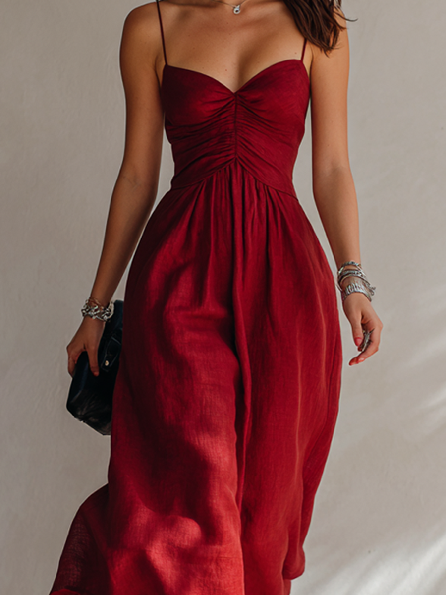 Vanessa | Midi abito rosso con scollo a cuore e corpetto arricciato