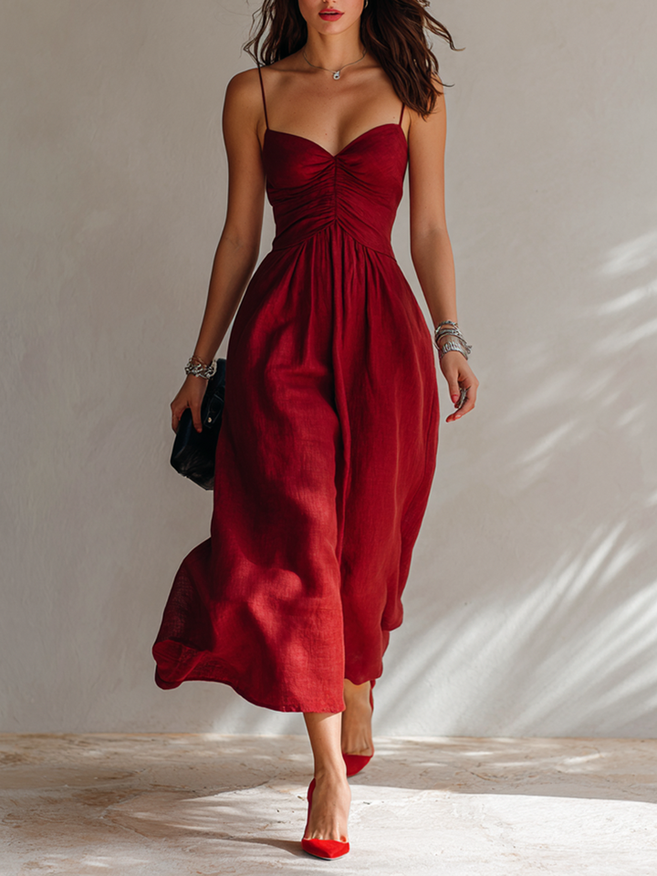 Vanessa | Midi abito rosso con scollo a cuore e corpetto arricciato