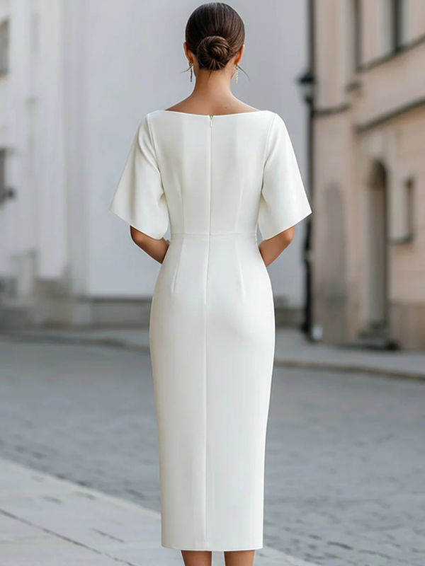 Lorenza | Abito midi bianco con scollo a barca e maniche corte