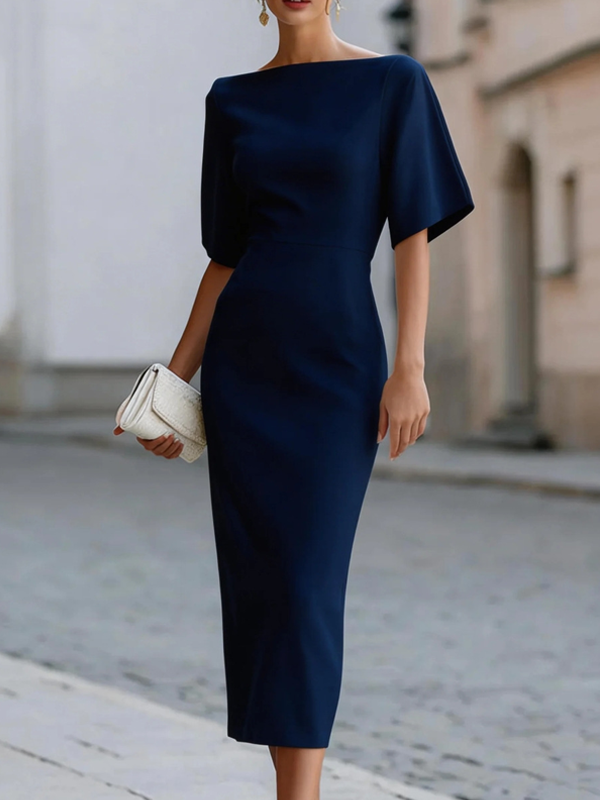 Lorenza | Abito midi bianco con scollo a barca e maniche corte