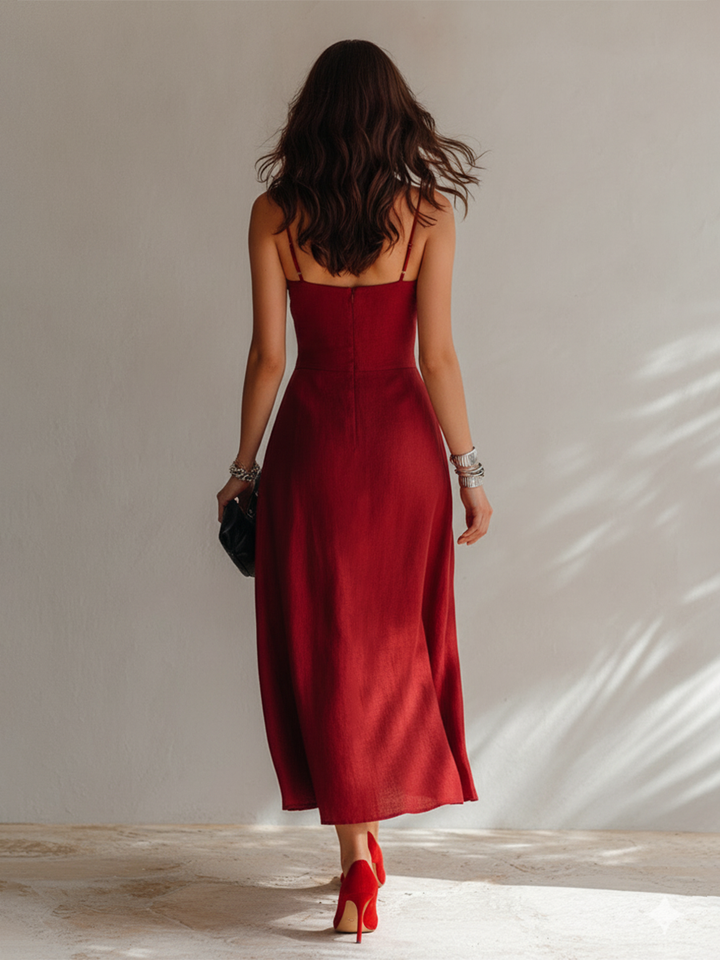 Vanessa | Midi abito rosso con scollo a cuore e corpetto arricciato