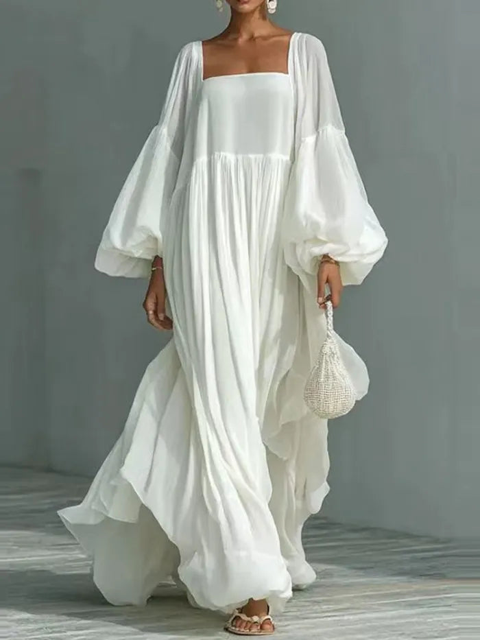 Priscilla | Maxi abito bianco con scollo quadrato e maniche a palloncino