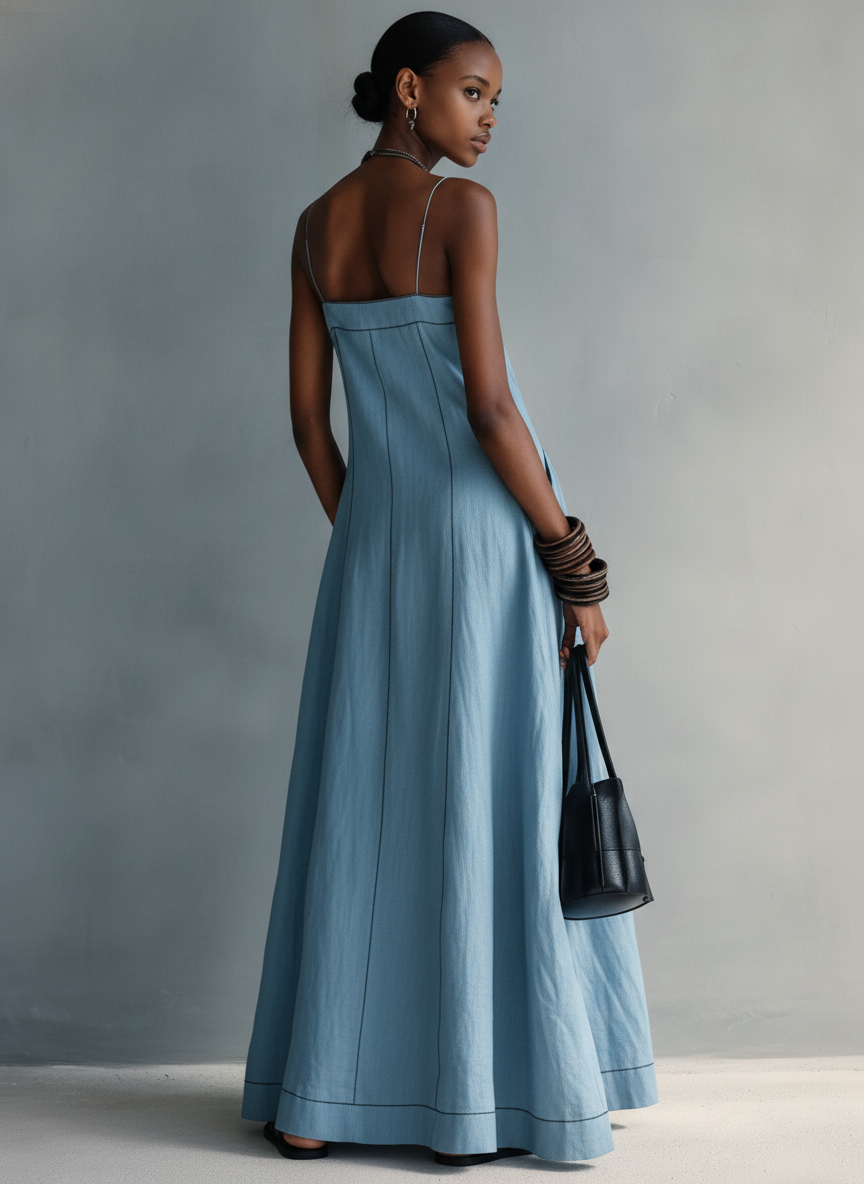 Camilla | Maxi abito azzurro smanicato dalla linea morbida