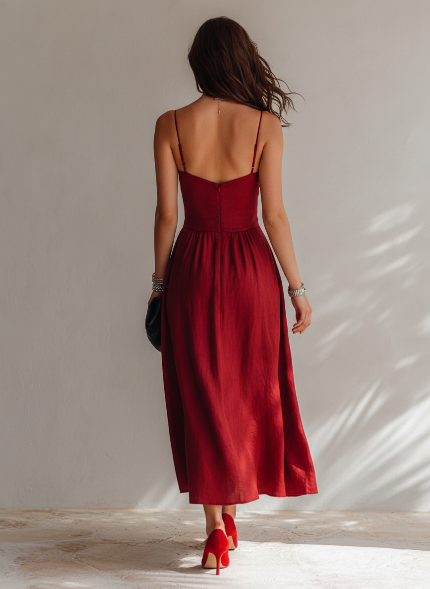 Vanessa | Midi abito rosso con scollo a cuore e corpetto arricciato