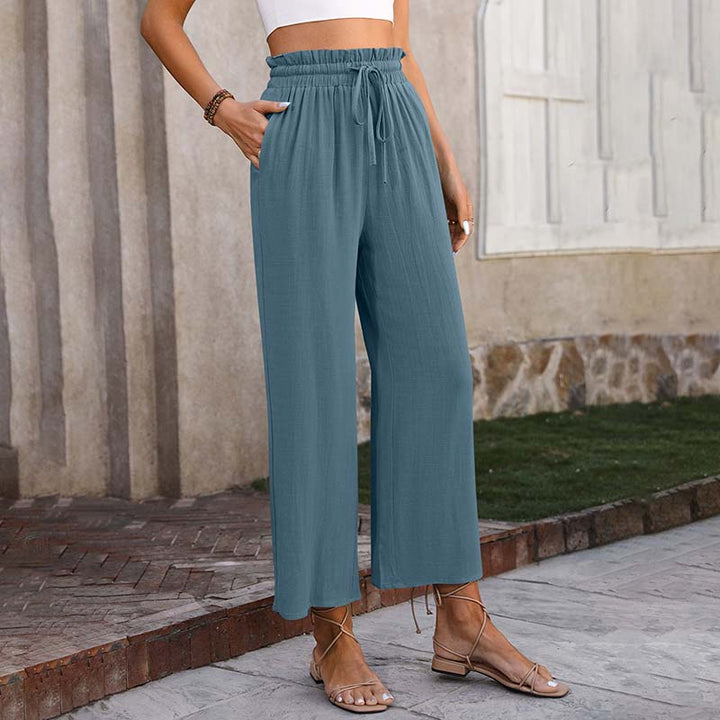 Eluna - Pantaloni a gamba larga con vita arricciata e coulisse, lungezza cropped