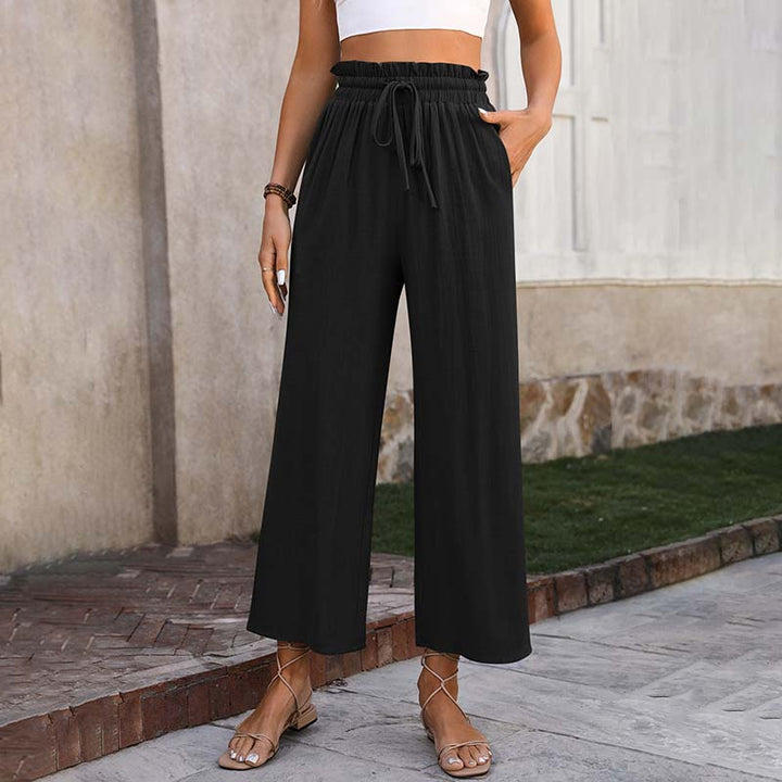 Eluna - Pantaloni a gamba larga con vita arricciata e coulisse, lungezza cropped