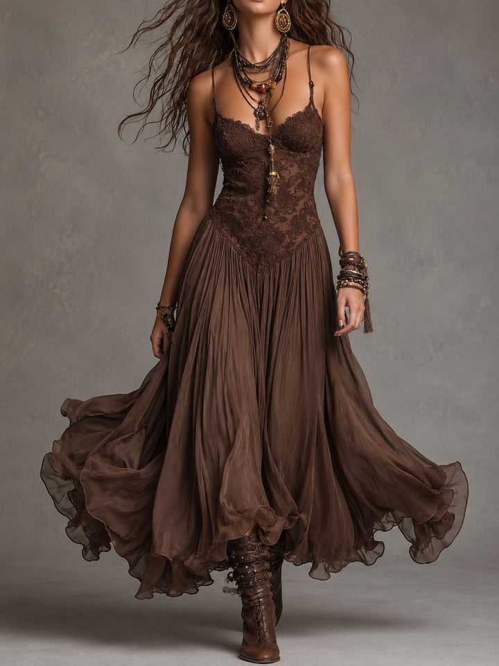 Morwenna | Abito maxi marrone scuro con corpino in pizzo e gonna vaporosa
