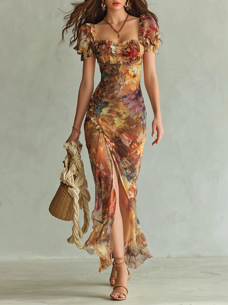 Seraphine | Abito maxi con stampa pittorica floreale e gonna fluida