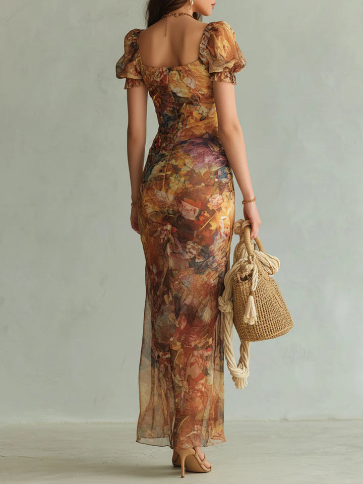 Seraphine | Abito maxi con stampa pittorica floreale e gonna fluida
