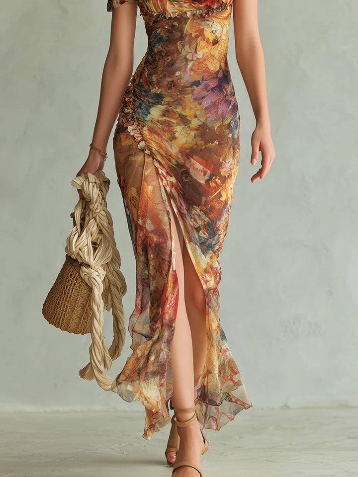 Seraphine | Abito maxi con stampa pittorica floreale e gonna fluida