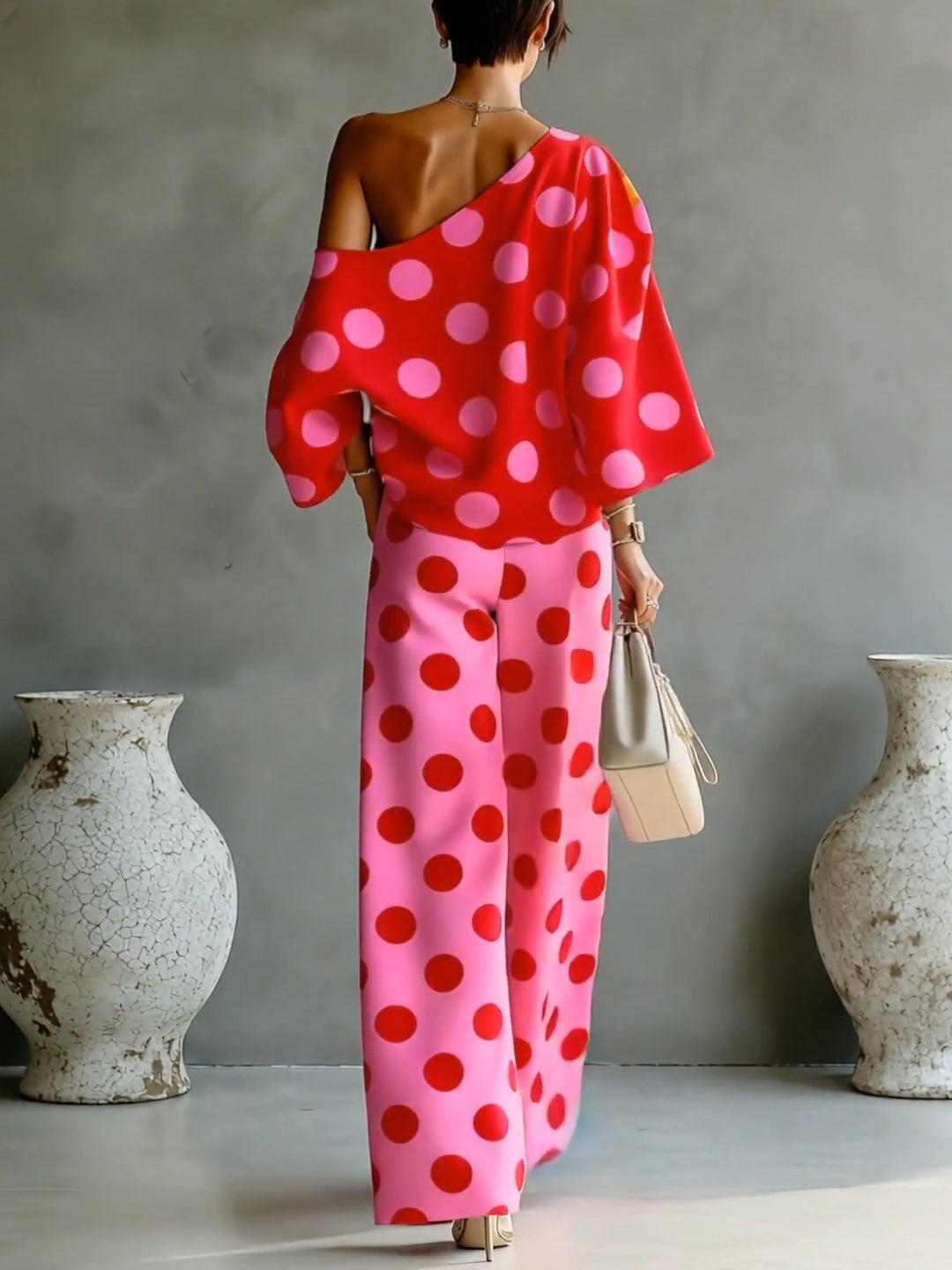 Ottavia | Completo a pois con top monospalla e pantaloni a gamba larga
