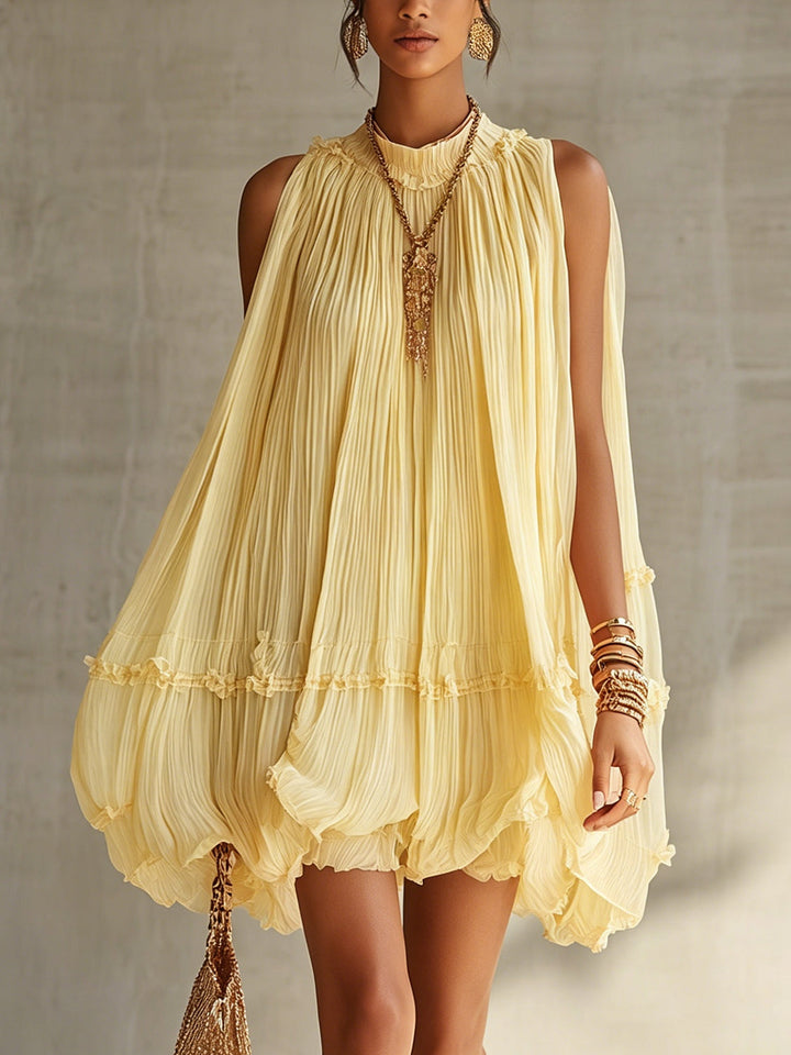 Gaia | Mini abito in chiffon giallo con scollo all'americana, balze e gonna balloon
