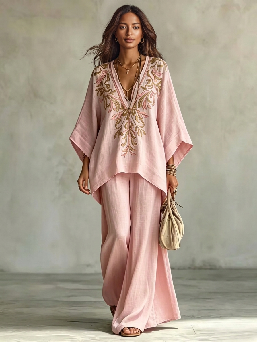 Marianna | Completo rosa con top a mantella ricamato e pantaloni ampi