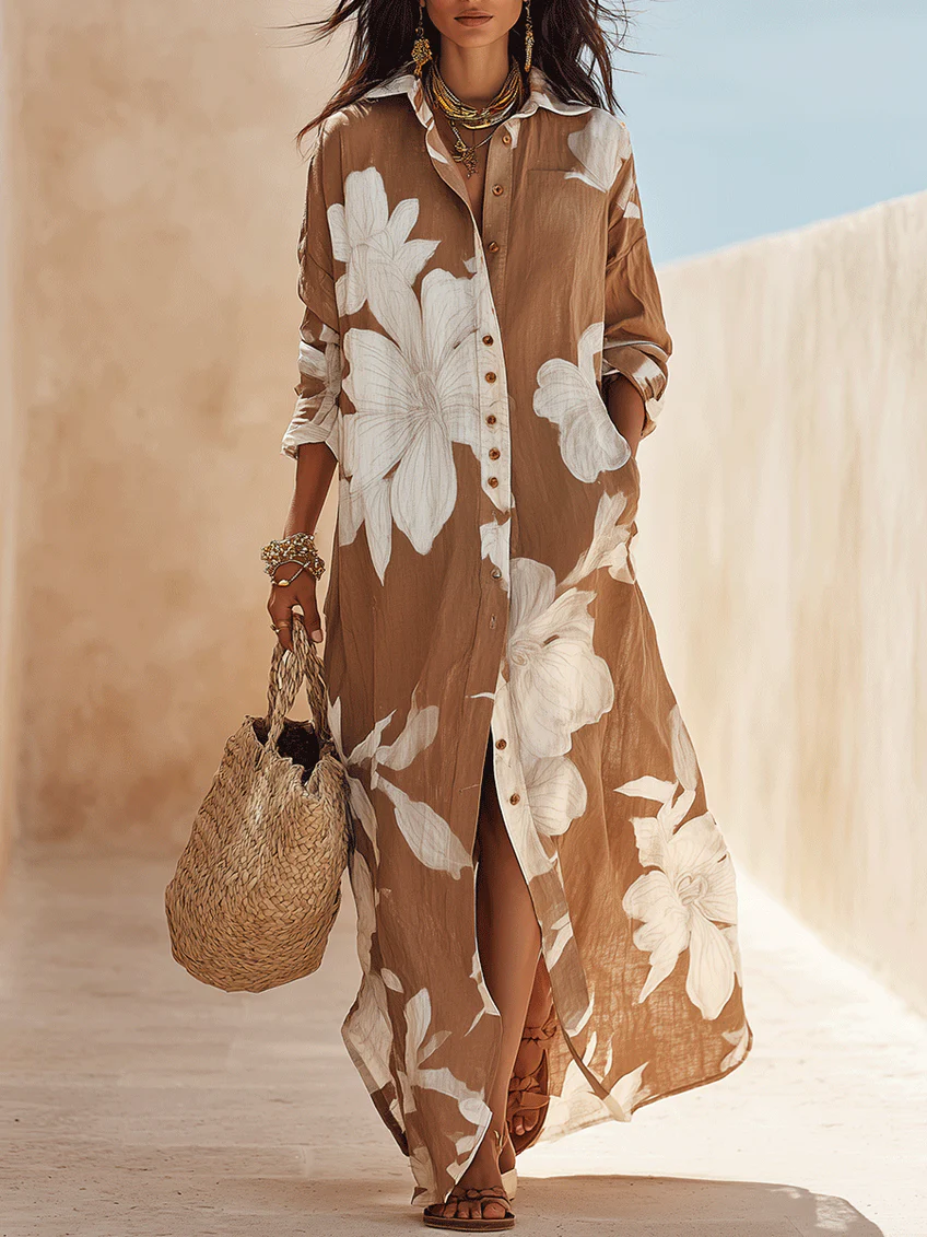 Elettra | Chemisier lungo marrone con maxi stampa floreale