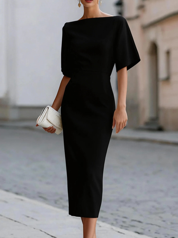 Lorenza | Abito midi bianco con scollo a barca e maniche corte